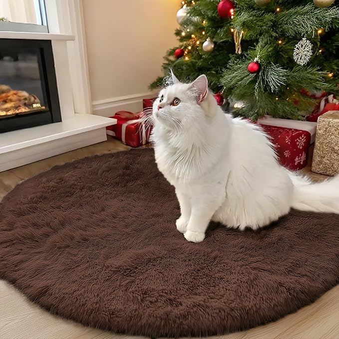 OLANLY Coffee Round Rugs for Bedroom - Machine Washable, 3x3 Feet Circle Area Rugs for Living Room, Soft and Fluffy Shaggy Carpet for Teen Girls and Boys, Dorms, Nursery Rooms, Home Decor Aesthetic