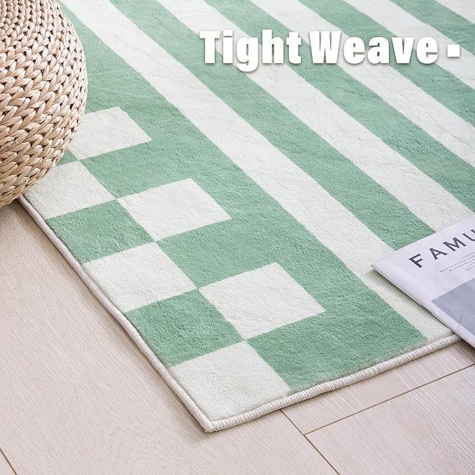 Carvapet Green Rugs for Living Room Bedroom, Striped Low Pile Modern Large Carpet with Rubber Backing, Foldable, Non Slip Machine Washable (7 x 5 Feet Rectangular, Green Area Rug)