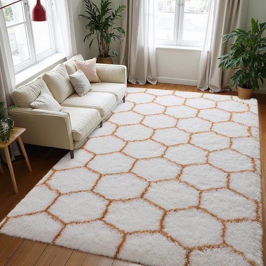 Zentavio Area Rugs for Living Room Large Rugs for Bedroom 5x8 Carpet Fluffy Fuzzy Soft Shag Aesthetic Plush High Pile Throw Rug for Nursery Kids Room Dorm Honeycomb Khaki