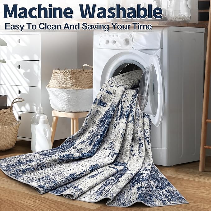 Washable Rug 6x9 Area Rugs: Soft Large Living Room Rug with Anti-Slip Backing Non-Shedding Stain-Resistant Modern Abstract Carpet for Bedroom Dining Room Nursery Home Office-Gray/Blue