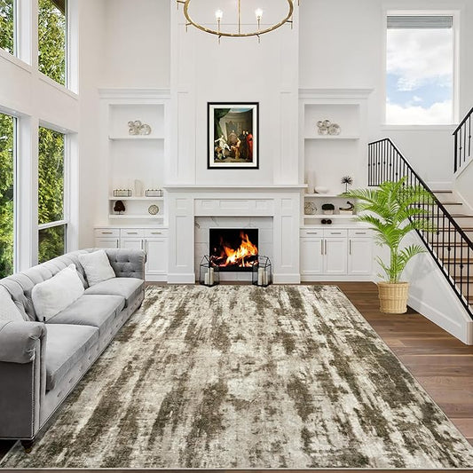 10x14 Area Rugs Washable Rug: Modern Abstract Living Room Rug Soft Anti-Skid Thin Carpet Indoor Floor Non-Shedding Carpets for Bedroom Dining Room Farmhouse Nursery Home Office Brown