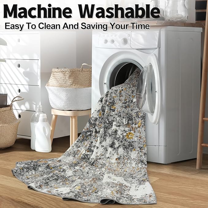 Runner Rug 2'6''x8' Washable Runner Rug: Machine Washable Kitchen Area Rug with Anti-Slip Backing Non-Shedding Stain-Resistant Long Soft Carpet Runner for Hallway, Bedroom, Laundry Room-Gray/Multi