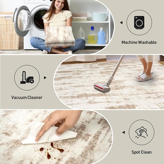 10x14 Area Rugs Washable Rug: Modern Abstract Living Room Rug Soft Anti-Skid Thin Carpet Indoor Floor Non-Shedding Carpets for Bedroom Dining Room Farmhouse Nursery Home Office - Brown Ivory