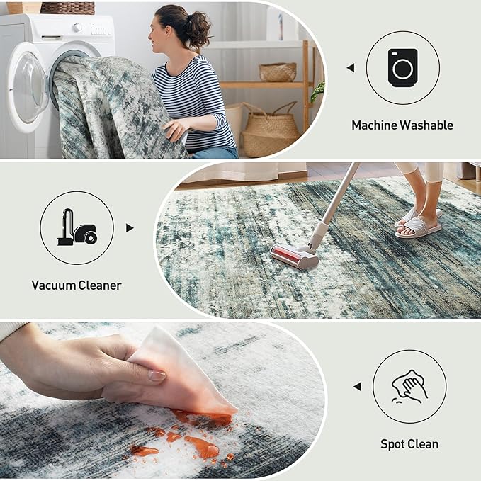 10x14 Area Rugs Washable Rug: Modern Abstract Living Room Rug Soft Anti-Skid Thin Carpet Indoor Floor Non-Shedding Carpets for Bedroom Dining Room Farmhouse Nursery Home Office Green Multi