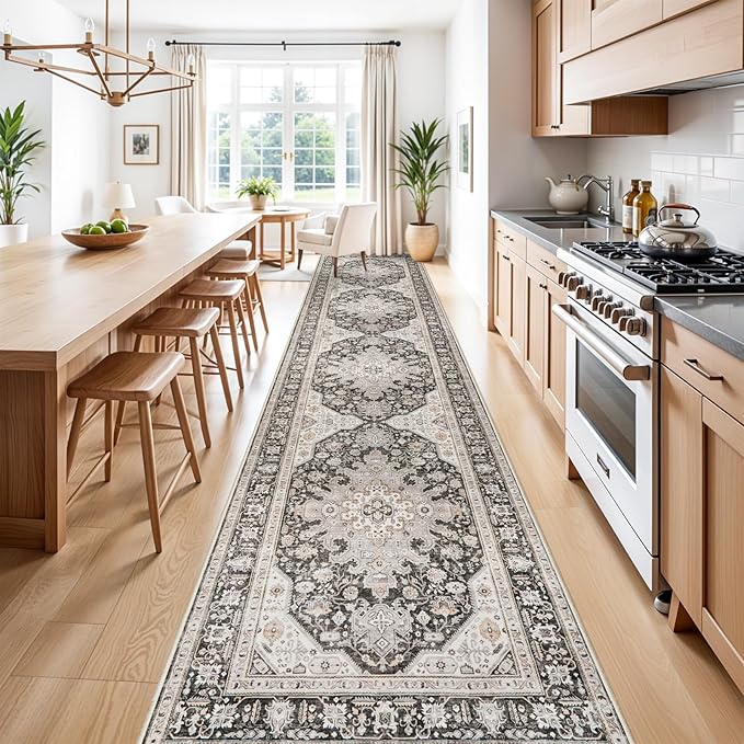 Runner Rug 3x14 - Non Slip Runners for Hallway Washable Oreiental Neutral Entryway Rugs with Rubber Backing Long Indoor Farmhouse Floor Mat Kitchen Soft Low Pile Stain Resitant Thin Carpet 3x14 Grey
