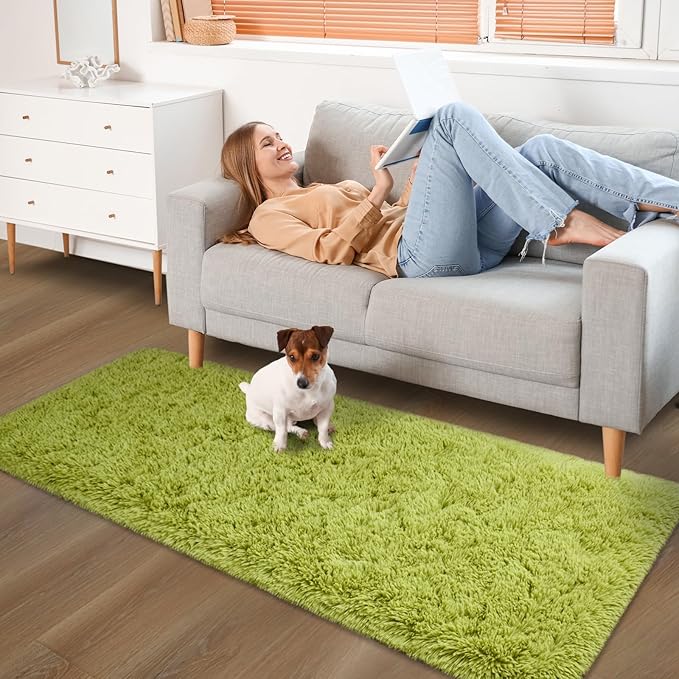 YJ.GWL Fluffy Runner Rugs for Bedroom Living Room Soft Shag Rug 2x6 Feet, Green Plush Carpet Non Slip for Nursery Dorm, Fuzzy Bedside Rug for Kids Boys Girls Room Home Decor