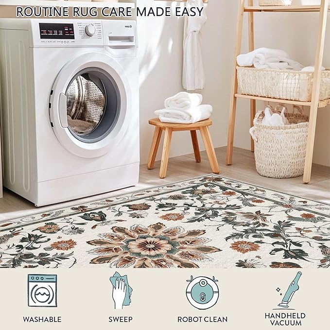 3x5 Entryway Rug Boho Leaf Beige Area Rug Indoor Entrance Non Slip Door Mat Stain Resistant Washable Machine Soft Low Pile Small Carpet Bathroom Kitchen