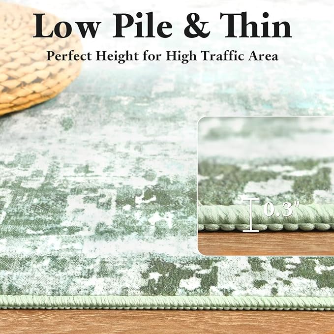 Washable Abstract Rug, 5x7 Modern Area Rugs with Non-Slip Rubber Backed for Living Room, Thin but Soft Contemporary Carpet Kitchen Bedroom Dining Room Decor, Green