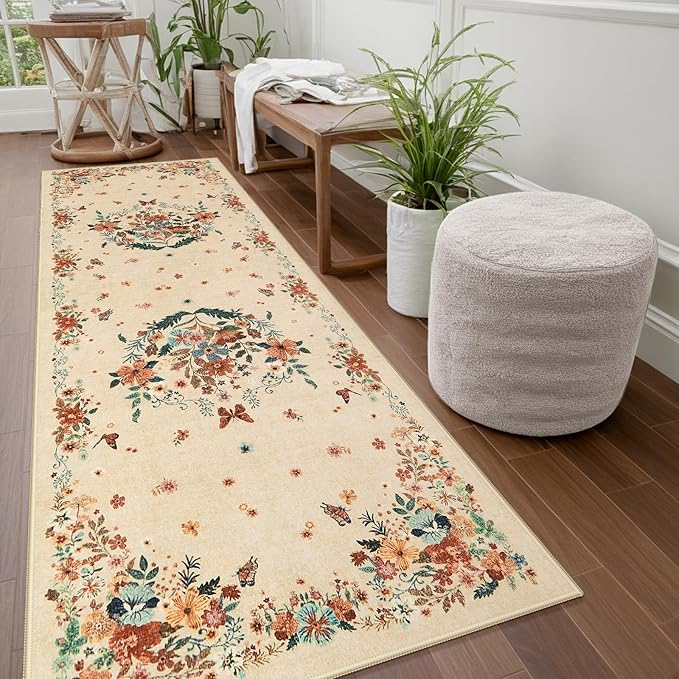 2x6 Runner Rug for Entryway Indoor, Floral Washable Rug Runners for Hallways Non Slip, Boho Kitchen Runner Rugs with Rubber Backing Cream Carpet Runner for Bedroom Entryway Laundry Bedside