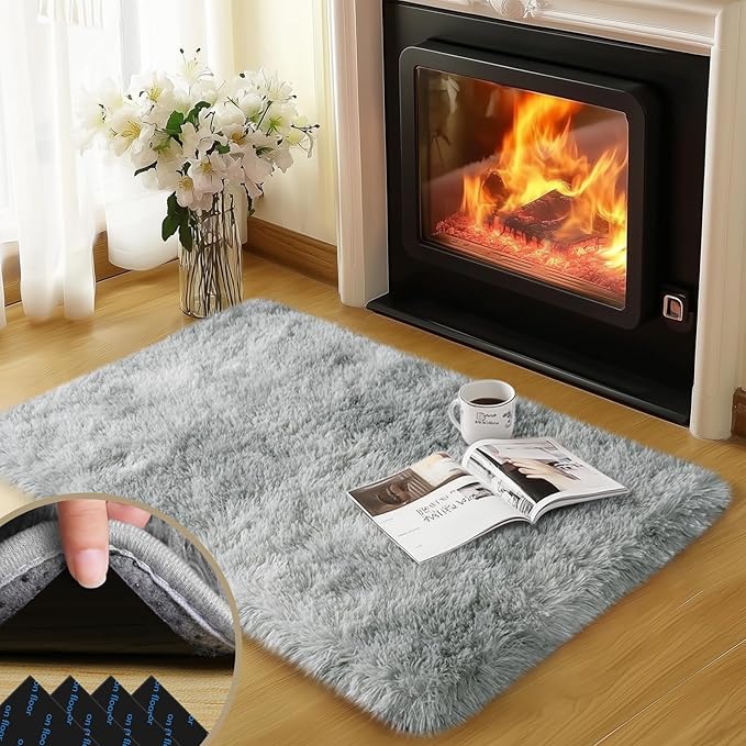 2x3 Rug for Bedroom, Fluffy Area Rugs for Living Room, Small Soft Shag Fuzzy Shaggy Carpets for Kids Boys and Girls Dorm with 4 Non-slip Rug Tapes for Room Home Decor (2ft x 3ft, Tie-dyed Grey)