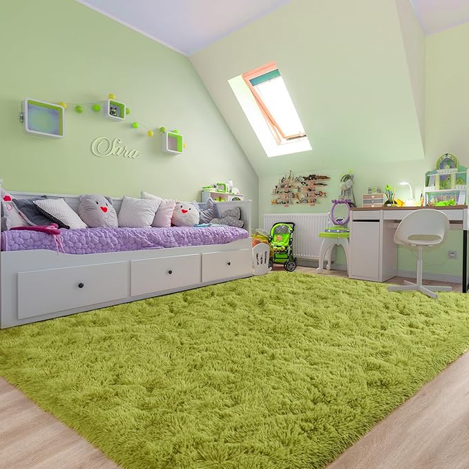 YJ.GWL Area Rugs for Living Room Bedroom, 5x8 Machine Washable Large Green Carpet, Soft Fluffy Shaggy Thick Big Shag Indoor Floor Rug for Kids Boy and Girls Room Dorm Home Decor Aesthetic
