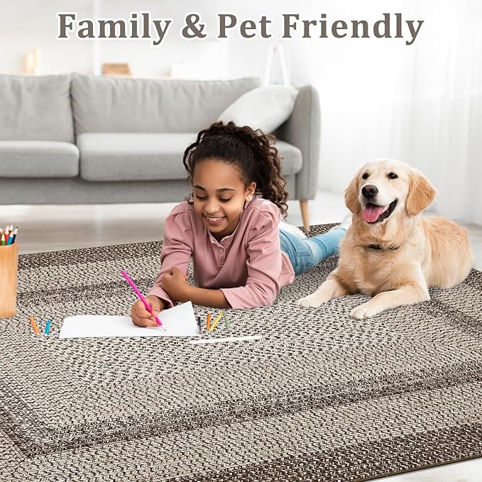 Imitation Braided Collection-Print Modern Area Rug 5x7 Washable Rug Non Slip Non Shedding Farmhouse Floor Cover, Ultra-Thin Foldable Carpet for Bedroom, Living Room Dining Room