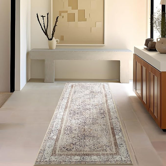 Phantoscope Hallway Runner Rug 2'x6' - Boho Washable Non-Slip Kitchen Rug Runner, Ultra-Thin Vintage Distressed Accent Throw Rug for Entryway Laundry Bathroom Bedroom, Light Brown