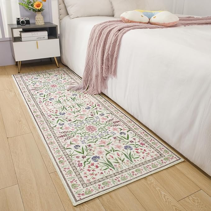 Amearea Pink Runner Rugs for Hallway, 2x6 Feet Area Rugs for Bedroom Girls, Washable Floral Collection Bedside Rugs Low Pile Print Carpet, Kids Room Entrance Kitchen Living Room Decor