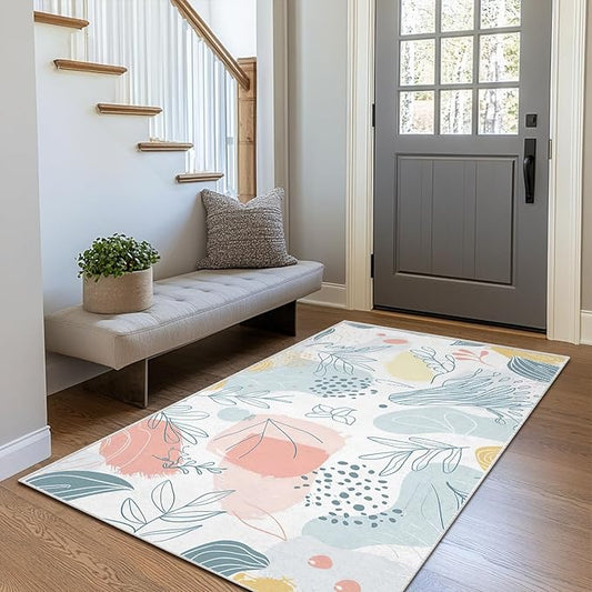 3x5 Entryway Rug Boho Minimalist Botanical Leaf Area Rug Bedroom Bedside Small Carpet Bathroom Non Slip Indoor Entrance Low Pile Door Mat Kitchen Stain Resistant Washable Machine