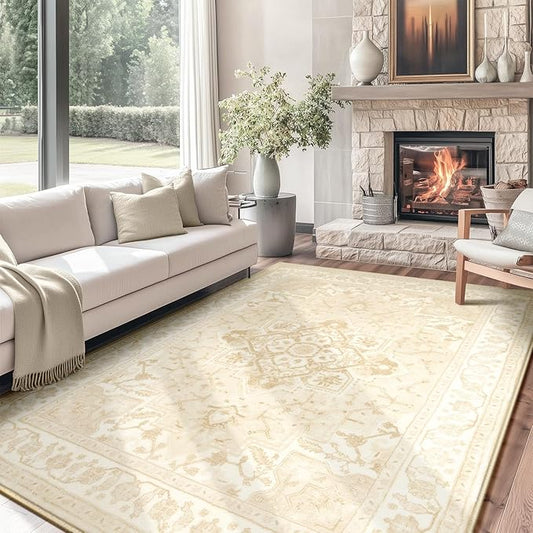 BESTSWEETIE 8x10 Area Rugs for Living Room, Washable Ultra Soft Boho Vintage Print Pattern Rug Non Slip Low Pile Carpet for Dining Room Bedroom Entryway Indoor-Light Coffee