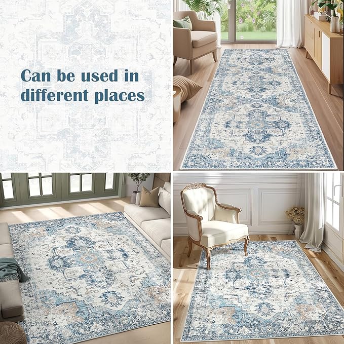 jinchan Runner Rug 2x10 Hallway Rug Kitchen Washable Runner Vintage Mat Retro Print Lightweight Non-Slip Floor Cover Distressed Thin Carpet for Entryway Bathroom Bedroom Laundry Room Stairway Blue