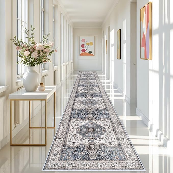 RUUGME Washable 3x20 Runner Rugs - Hallway Runner Rug for Living Room Stain Resistant Carpet with Non Slip Backing Vintage Rugs for Bedroom Kitchen Floor Decoration Mat 3x20 Navy
