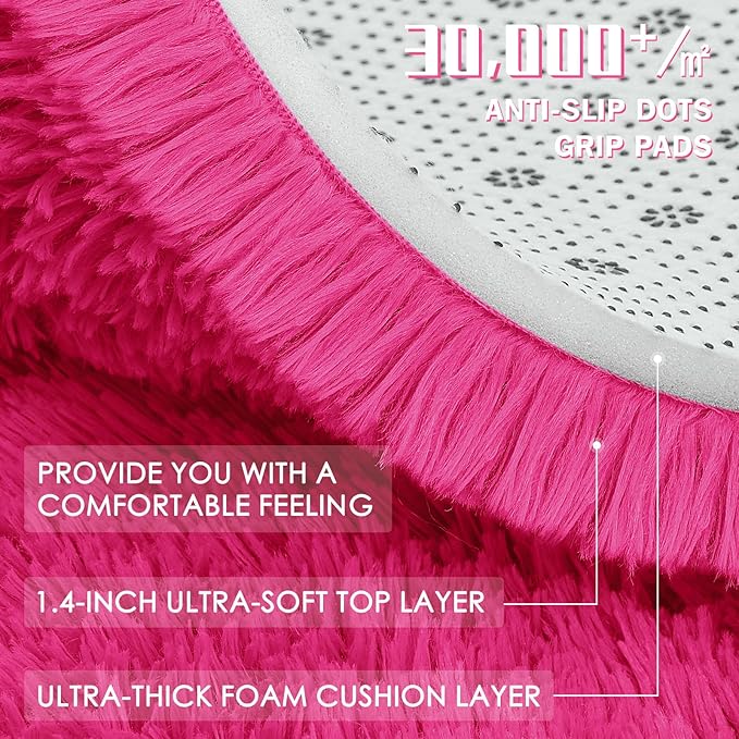 OLANLY Hot Pink Round Rugs for Bedroom - Machine Washable, 7x7 Feet Circle Area Rugs for Living Room, Soft and Fluffy Shaggy Carpet for Teen Girls and Boys, Dorms, Nursery Rooms, Home Decor Aesthetic