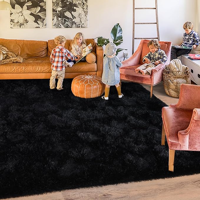 Black Rug for Bedroom, Soft Shaggy Modern Shag 4x6 Area Rugs for Living Room, Upgrade Non-Slip Plush Fluffy Carpet for Kids Boys Girls Room Dorm Home Decor Aesthetic