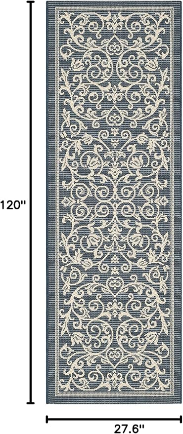 SAFAVIEH Courtyard Collection Runner Rug - 2'3" x 10', Navy & Beige, Scroll Design, Non-Shedding & Easy Care, Indoor/Outdoor & Washable-Ideal for Patio, Backyard, Mudroom (CY2098-268)