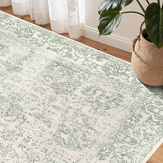 4x6 Washable Area Rug for Living Room, Vintage Boho Rugs for Office, Dining Room, Kids Room, Farmhouse, Durable Low Pile Non Slip Carpet for High Traffic Areas, Light Green