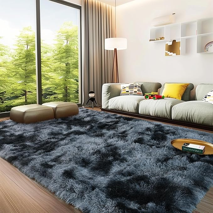 Anti-Skid Fuzzy Rug - Fluffy Non-Slip Shag Rug for Living Room & Nursery - Tie-Dyed Blue Grey Rectangle 2x3 Feet