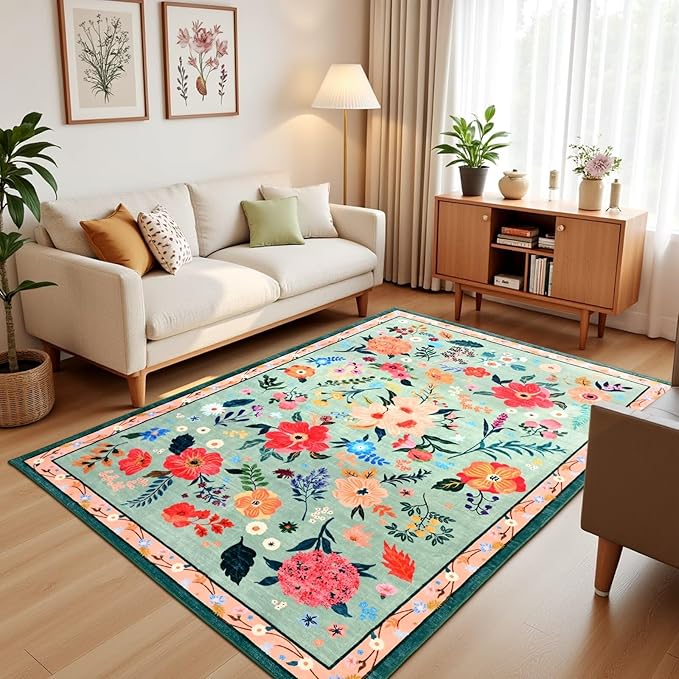 3x5 Floral Rug for Girls Bedroom, Machine Washable Area Rugs with Non Slip Backingfor Living Room, Cute Flowers Carpet Kitchen Dining Room Kids Playroom Decor, Light Green