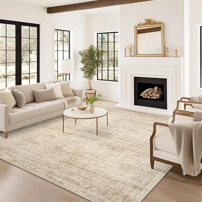 Washable Area Rug 8x10, Large Soft Rugs for Living Room Vintage Beige Carpet 8x10 Area Rugs for Bedroom Dining Room Non-Slip Stain Resistant Under Table Rug