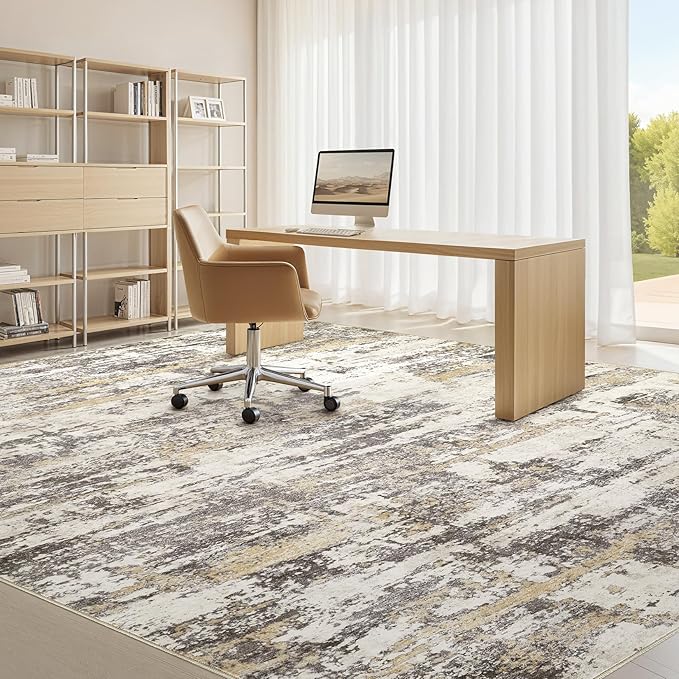 Area Rugs for Living Room: 5x7 Thickened Abstract Washable Rug Modern Neutral Soft Stain Resistant Non-Slip Backing Carpet for Bedroom Dining Room Indoor Home Office - Gold Brown