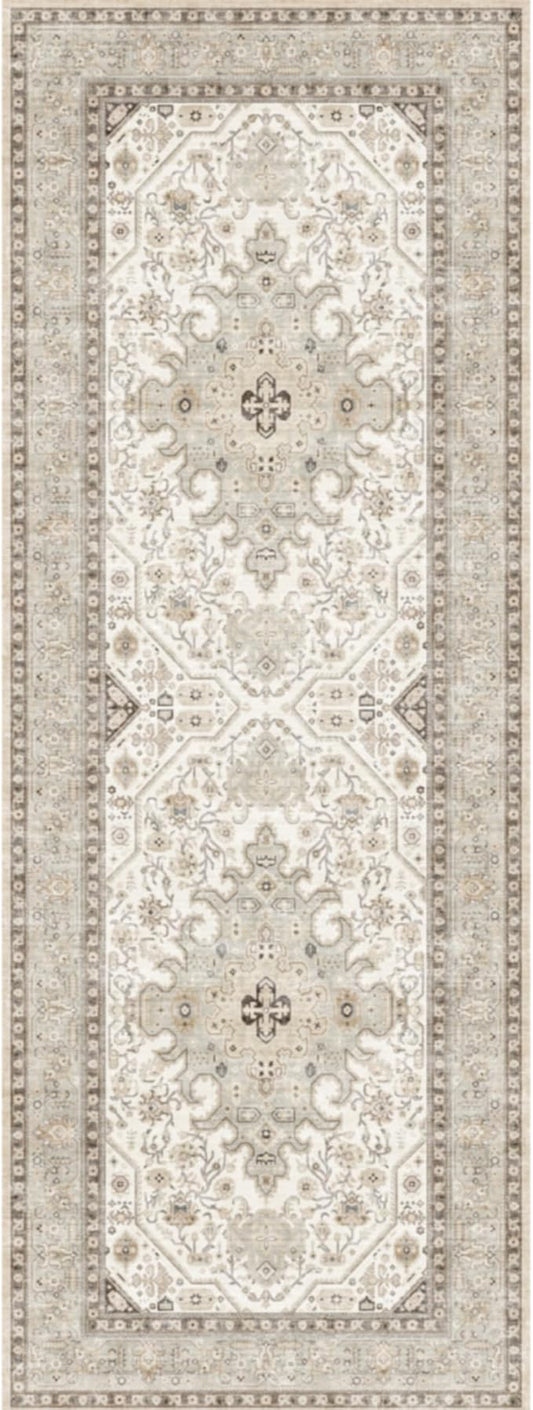 2x6 Runner Rug Washable: Non-Slip Oriental Carpet for Hallway Kitchen Entry - Farmhouse Low Pile Stain Resistant Long Thin Front Door Mat 2x6 Ivory/Grey/Multi