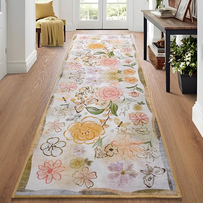 ST. BRIDGE Beige Runner Rug 2x6, Washable Rug Runners for Hallway Entryway Bedroom, Non-Slip Low Pile Boho Floral Throw Rugs Soft Faux Wool Floor Carpet for Kitchen, Bathroom, Laundry