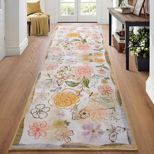 ST. BRIDGE Beige Runner Rug 2x6, Washable Rug Runners for Hallway Entryway Bedroom, Non-Slip Low Pile Boho Floral Throw Rugs Soft Faux Wool Floor Carpet for Kitchen, Bathroom, Laundry