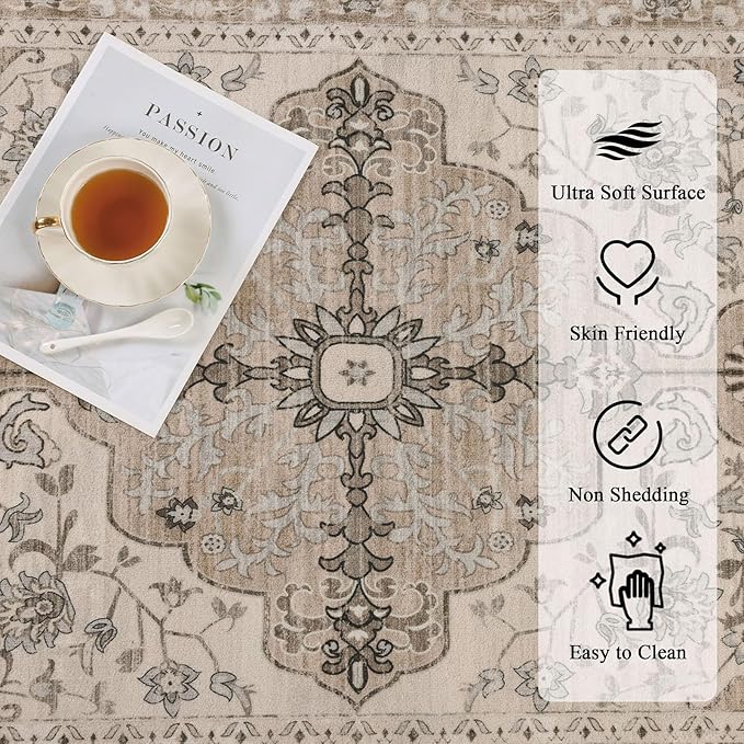 U'Artlines Boho Vintage Area Rug 8x10 Machine Washable Low Pile Soft Floor Carpet Non Slip Non Shedding Accent Rug for Living Room Bedroom Entryway Dining Room Office Beige＆Brown
