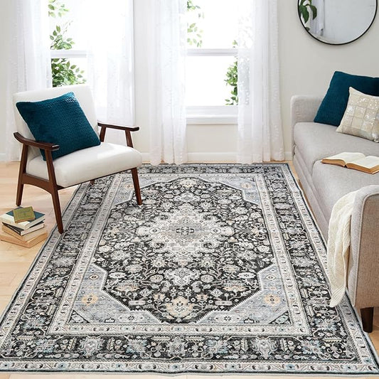 Washable Area Rug 5x7 - Bedroom Living Room Indoor Rugs Soft Oriental Vintage Rugs with Non-Slip Backing Stain Resistant Thin Rug for Farmhouse Kitchen (Slate Grey/Black 5x7)