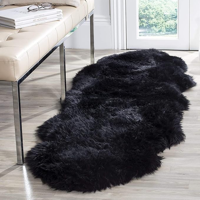 HUAHOO Premium Genuine Sheepskin Rug Black Real Australia Sheepskin Natural Luxury Fluffy Lambskin Fur Area Rug Seat Covers for Kids Bedroom Sofa Chair Cover Pets Dogs Mat Double Pelt/2' x 6' Black