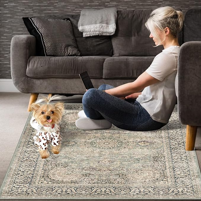 2x3 Washable Area Rug Indoor Entryway Vintage Rug Print Rug Low-Pile Floor Carpet for Indoor Front Entrance Kitchen Bathroom, Olive Charcoal
