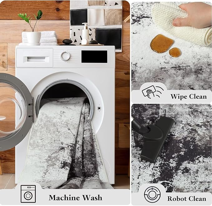 Washable Abstract Rug, 6x9 Modern Area Rugs with Non-Slip Rubber Backed for Living Room, Thin but Soft Contemporary Carpet Kitchen Bedroom Dining Room Decor, Black Brown