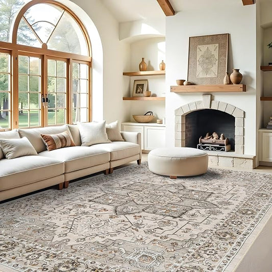 RUUGME Living Room 9x12 Rugs - Washable Large Boho Area Rugs for Stain Resistant Carpet Vintage Tribal Rugs for Bedroom Kitchen with Non Slip Backing Decor Floor Decoration Mat 9x12 Ivory