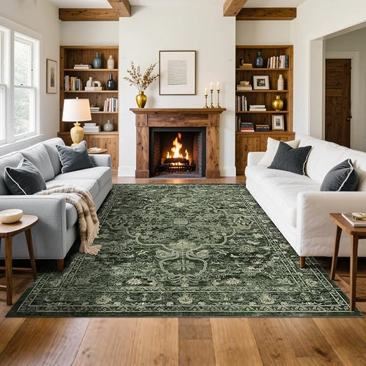 U'Artlines Boho Vintage Area Rug 8x10 Machine Washable Low Pile Soft Floor Carpet Non Slip Non Shedding Accent Rug for Living Room Bedroom Entryway Dining Room Office Dark Green