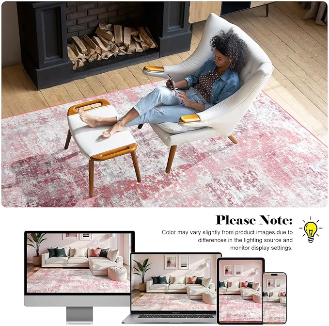 Washable Abstract Rug, 6x9 Modern Area Rugs with Non-Slip Rubber Backed for Living Room, Thin but Soft Contemporary Carpet Kitchen Bedroom Dining Room Decor, Pink