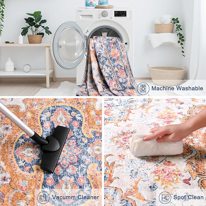 4x6 Area Rugs for Living Room, Foldable Machine Washable Rug, Soft Low Pile Non-Slip Vintage Floral Rug, Carpet for Bedroom, Dining Room, Bedside, Farmhouse, Office, Dorm (Blue, 4'×6')