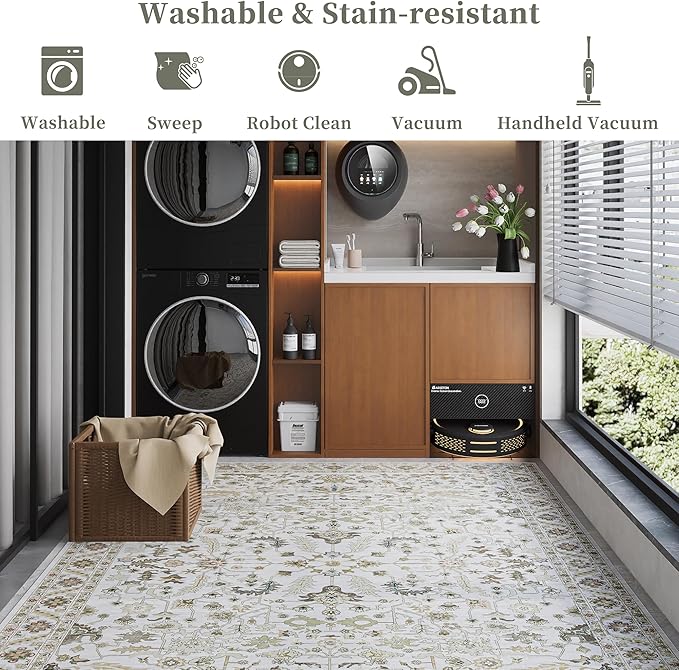 5x7 Rug, Washable Neutral Boho Modern Vintage Non Slip Floral Area Carpet, Low Pile Soft Rugs, Slip Resistance, Pet-Friendly, Durable Rug for Living Room, Bedroom, Kitchen, Dining Room