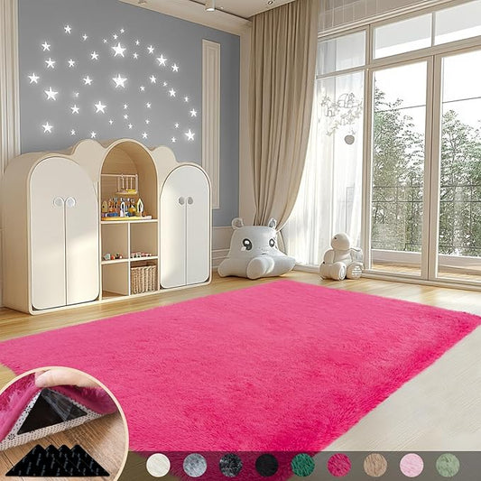 4x6 Rugs for Living Room, Large Fluffy Area Rugs for Bedroom, Soft Carpet Shag Kids Rug with 4 Non-Slip Rug Pads (Hot Pink, 4ft x 6ft)