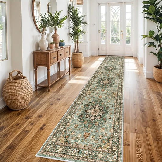Washable Oriental Hallway Runner Rug - 3x14 Rugs for Living Room Soft Carpet for Bedroom Kitchen Waterproof Floral Distressed Indoor Stain Resistant Non-Shedding Floor Carpets (Green, 3X14)