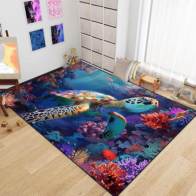 Sea Turtle Area Rug - Sea Turtle Rug for Bedroom Coral Ocean Theme Rugs Ocean Life Decor, 47" L x 39" W