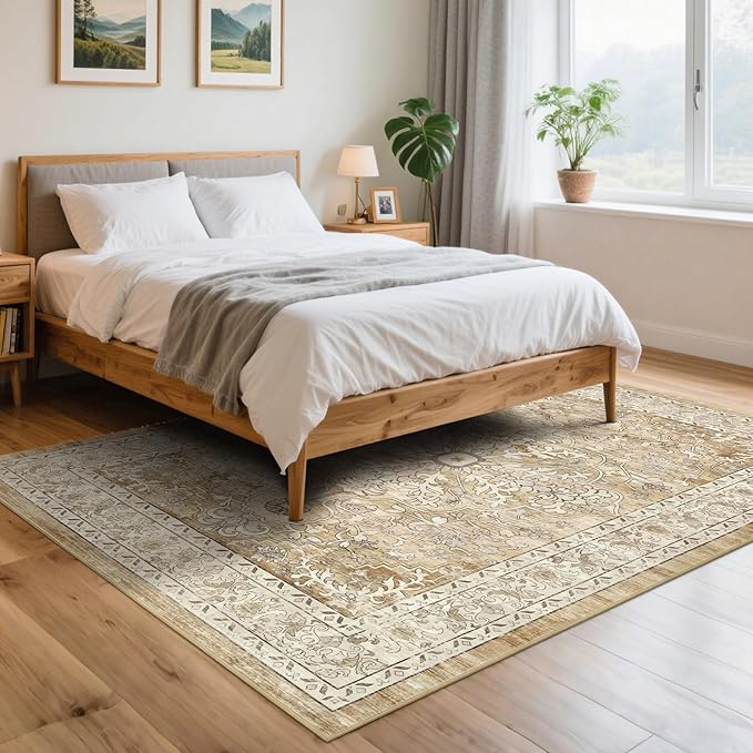 U'Artlines Boho Vintage Area Rug 5x7 Machine Washable Low Pile Soft Floor Carpet Non Slip Non Shedding Accent Rug for Living Room Bedroom Entryway Dining Room Office Cream Tan