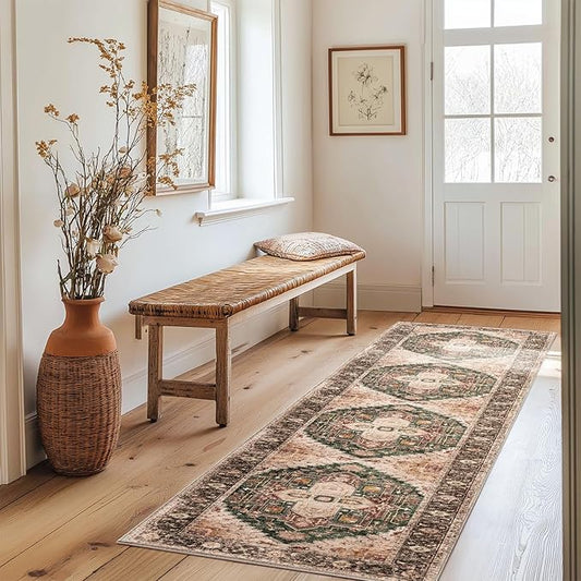 Washable 2x10 Area Rugs, Rugs for Living Room, Low-Pile Water&Stain Resistant Carpet Vintage Distressed Printed Non-Slip Carpet for Bedroom Bathroom Kitchen-Green