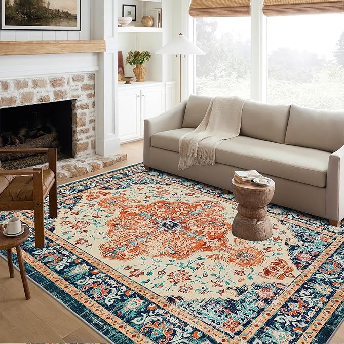U'Artlines Boho Vintage Area Rug 6x9 Machine Washable Low Pile Soft Floor Carpet Non Slip Non Shedding Accent Rug for Living Room Bedroom Entryway Dining Room Office Orange/Multi