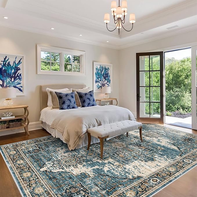 RUUGME 10x12 Area Rug Washable - Vintage Lightweight Rugs for Bedroom Soft Area Rugs for Living Room Stain Resistant Carpet with Non Slip Backing Indoor Ultra-Thin Rugs Home Decor 10x12 Blue